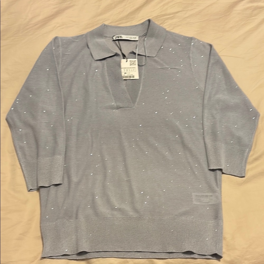 Zara Pale Blue Embellished Sweater